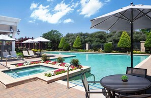 Outdoor pool, pool umbrellas, sun loungers