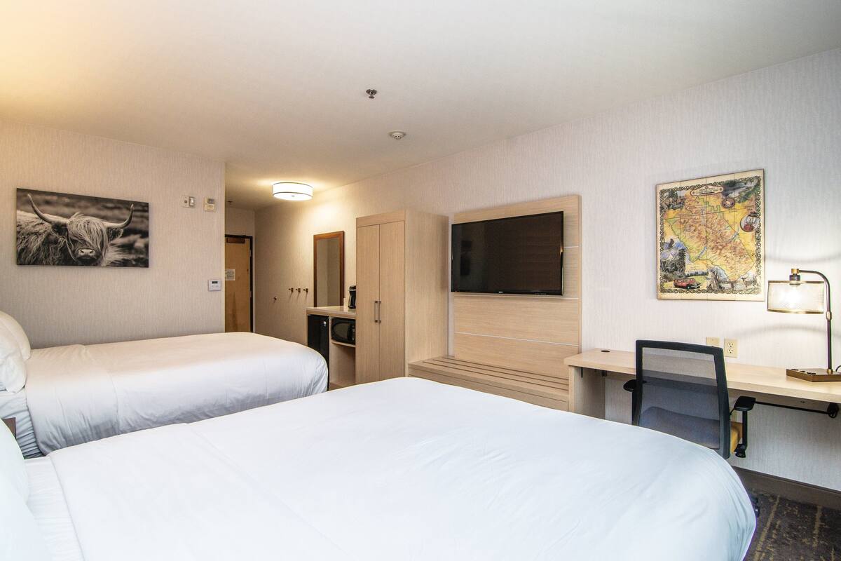 Habitació d'hotel amb dos llits, un escriptori amb cadira, televisió i obres d'art a les parets.