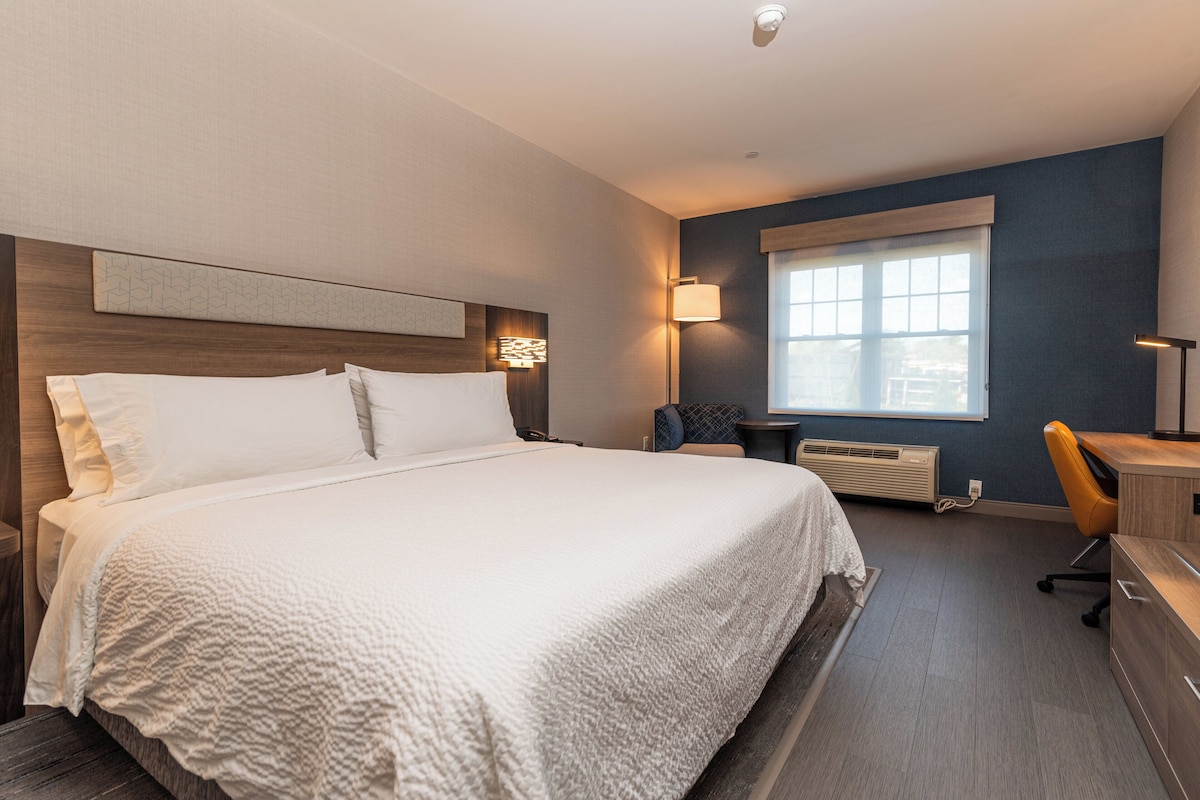 A hotel room with a large bed, a desk, a chair, a window, and a wall-mounted heater.