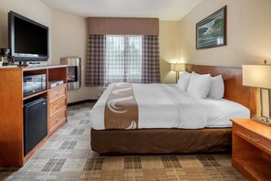 A hotel room with a large bed, a television, a coffee machine, a refrigerator, and a window with curtains.