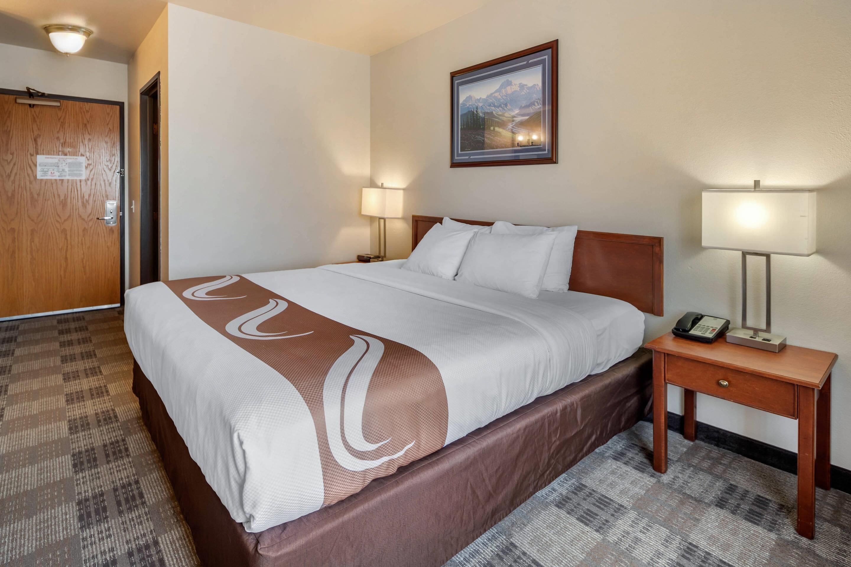 A hotel room with a large bed, two bedside lamps, a wooden nightstand with a phone, and a framed picture on the wall.