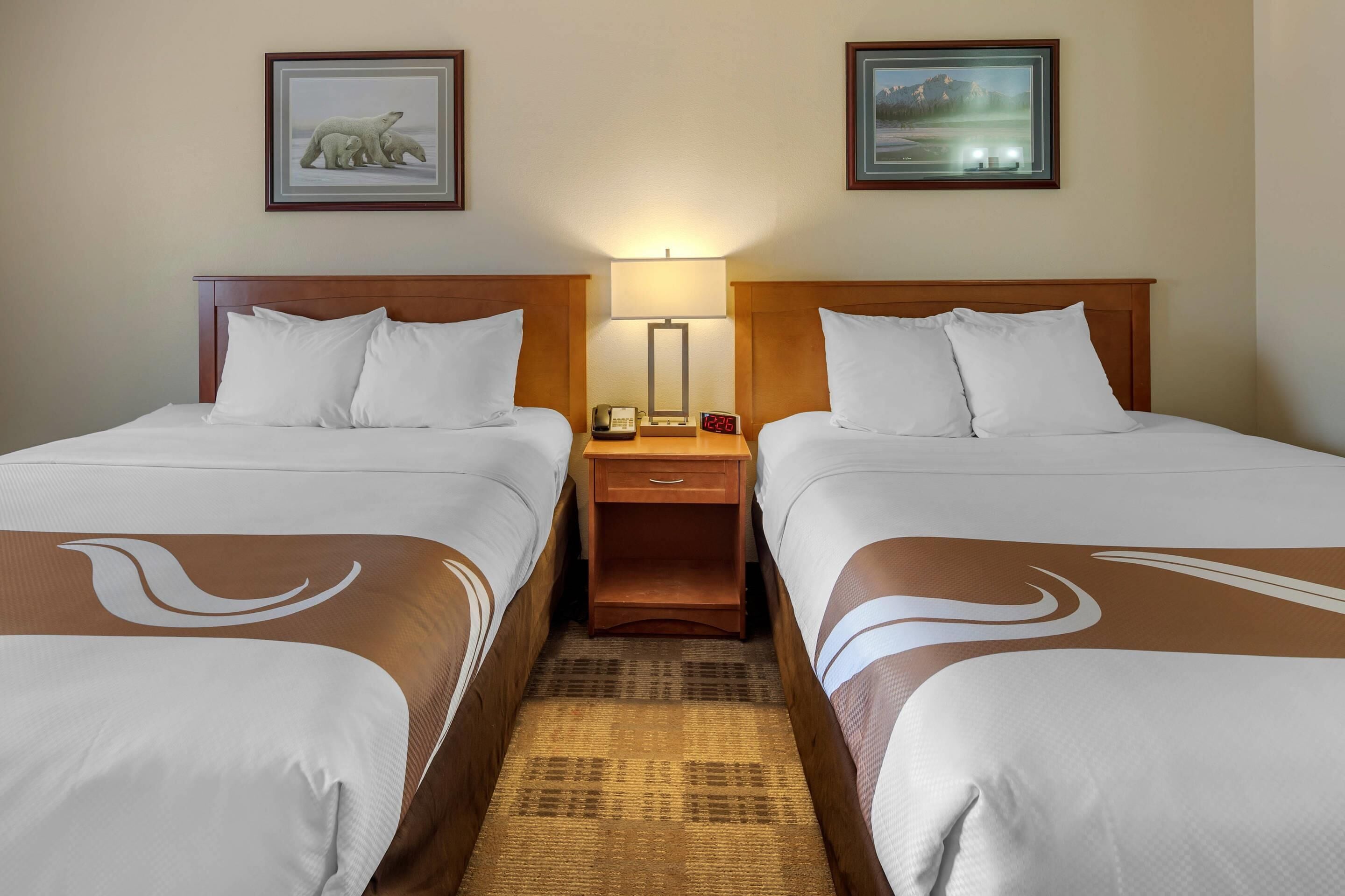A hotel room with two beds, a nightstand with a lamp, and framed pictures on the wall.