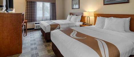 Pillowtop beds, desk, laptop workspace, blackout drapes