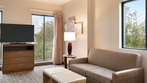 Habitación de hotel con televisión de pantalla plana sobre un mueble de madera, sofá color beige, mesita con lámpara y ventanas amplias que ofrecen vistas a árboles.