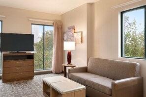 Habitación de hotel con televisión de pantalla plana sobre un mueble de madera, sofá color beige, mesita con lámpara y ventanas amplias que ofrecen vistas a árboles.