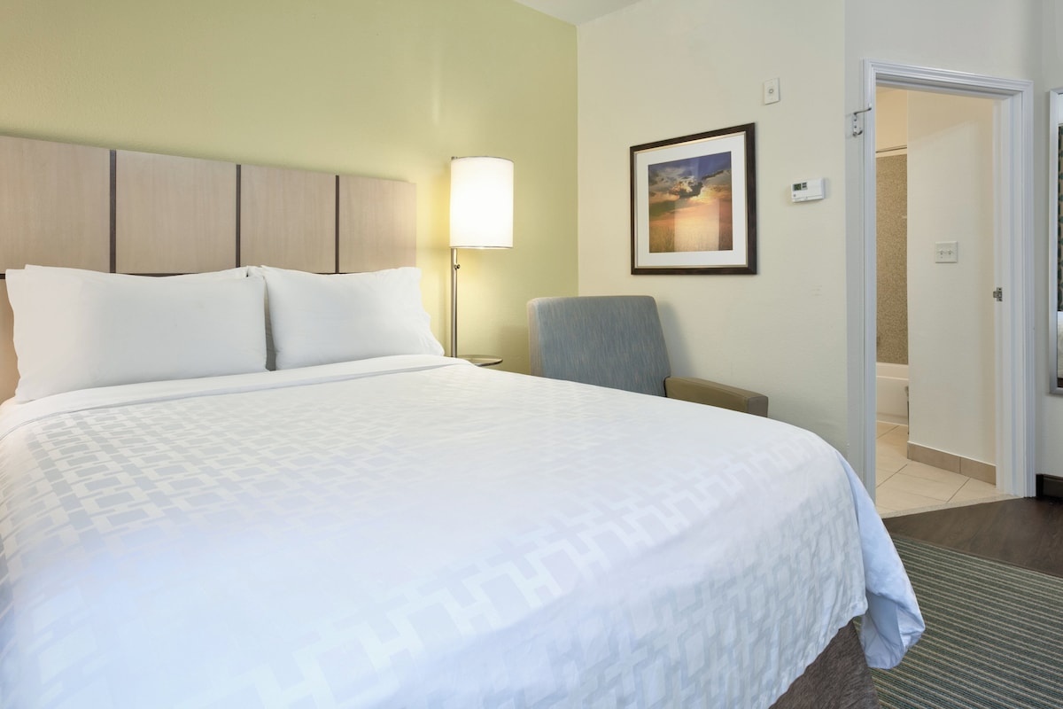 Habitación de hotel con una cama grande, una silla, una mesita de noche, una lámpara y un cuadro en la pared.
