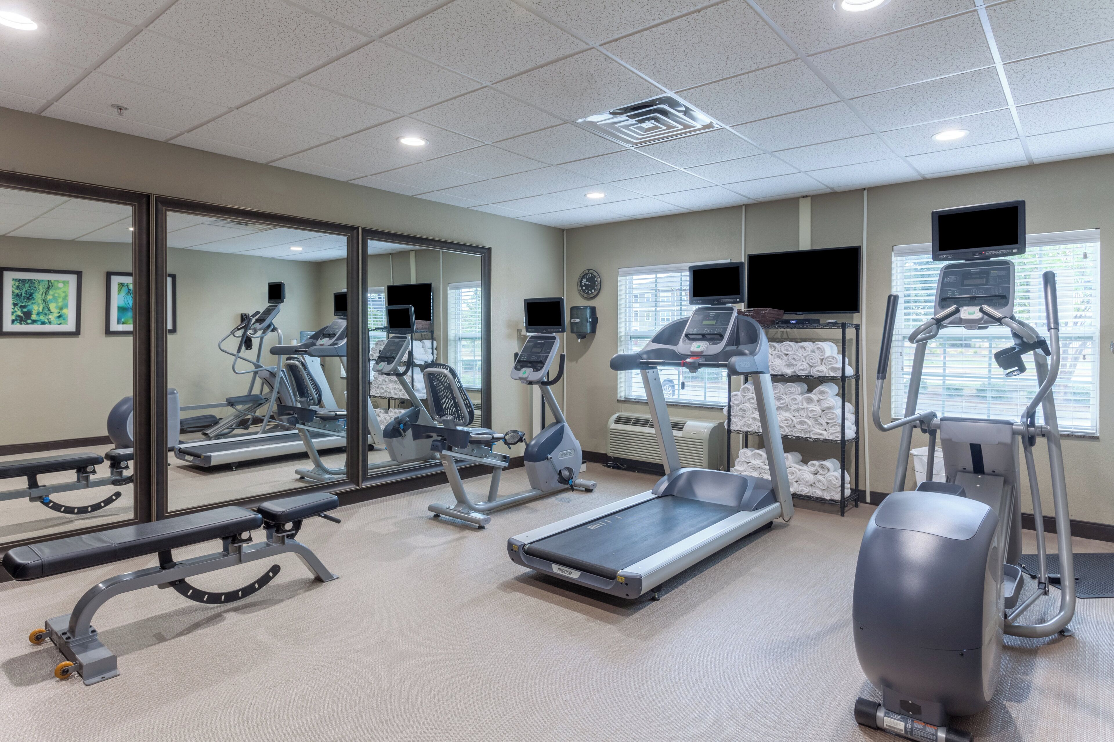 A gym with treadmills, elliptical machines, and a bench.