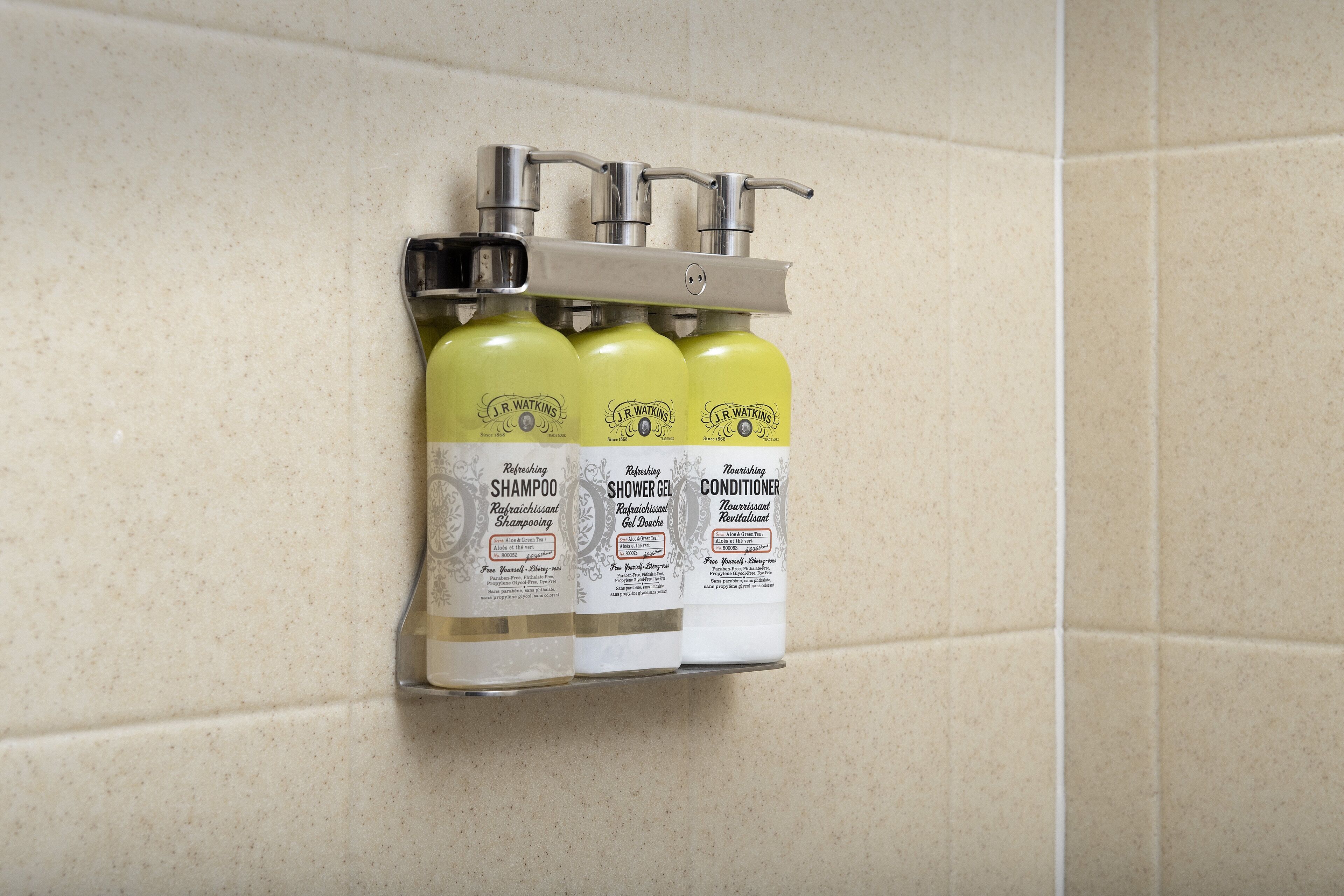 free toiletries, hair dryer, towels, toilet paper