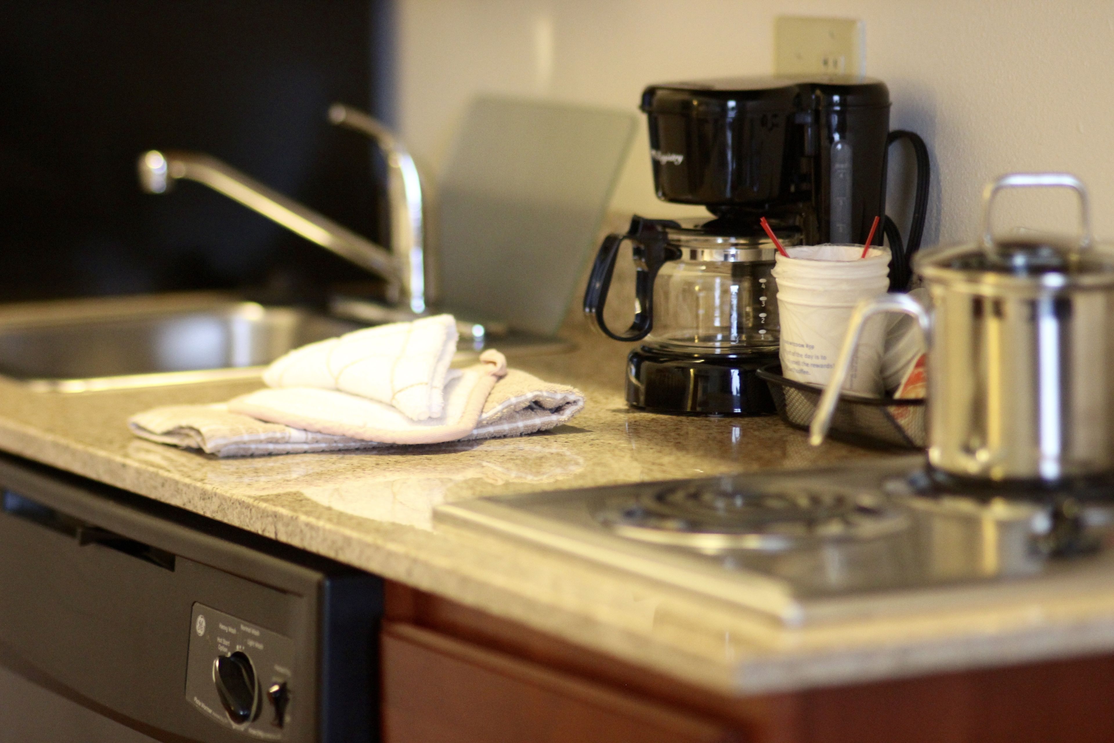 full-sized fridge, microwave, coffee/tea maker