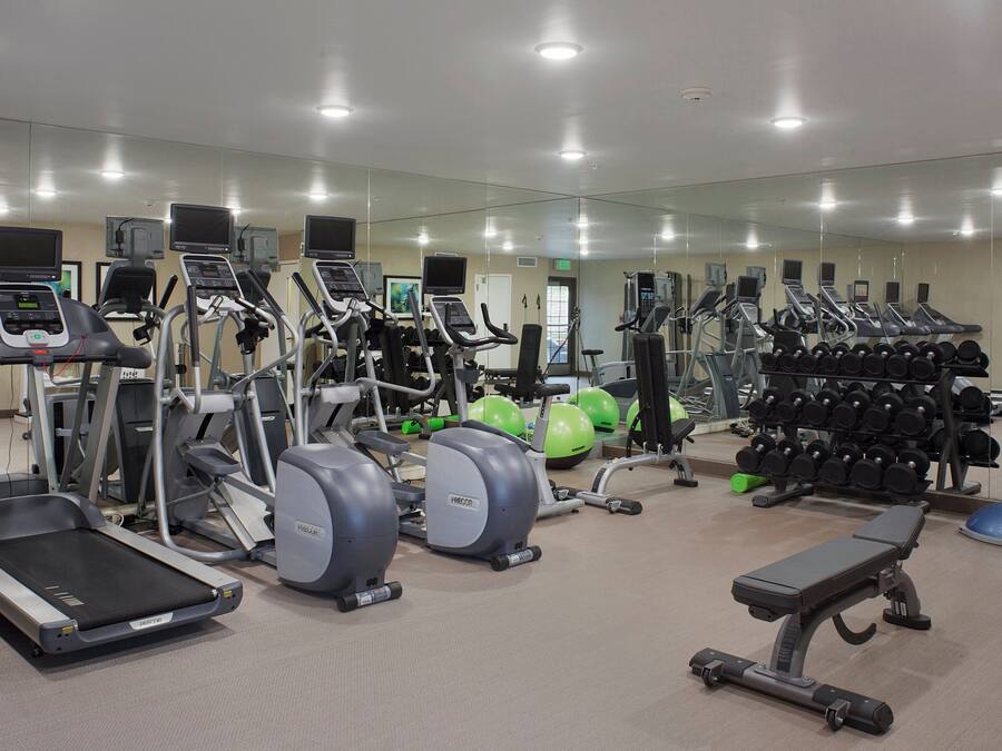 Un gimnasio con diversos equipos de ejercicio, incluyendo cintas de correr, elípticas y estaciones de levantamiento de pesas.