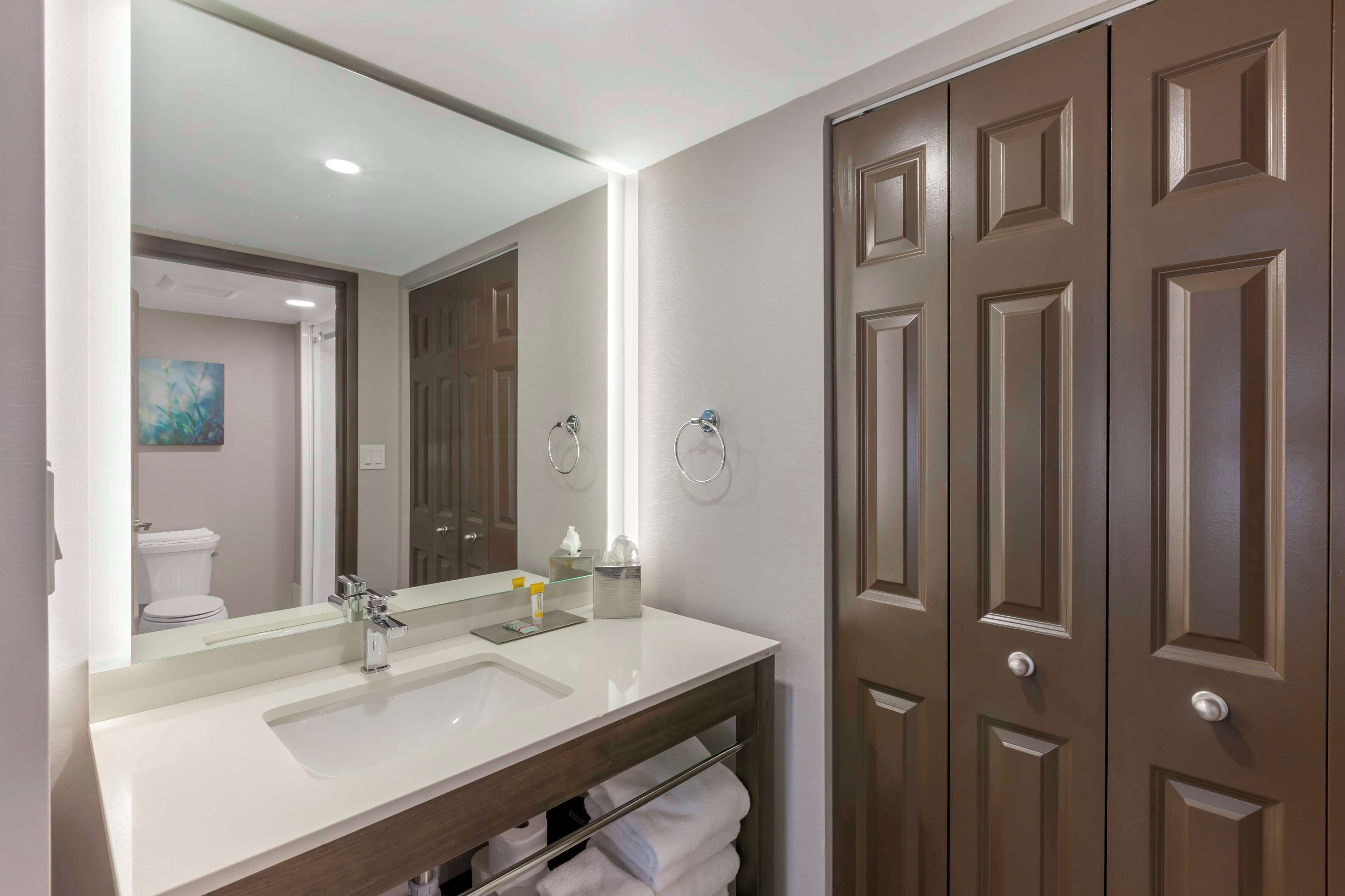 A modern bathroom with a white sink, a large mirror, and wooden doors.