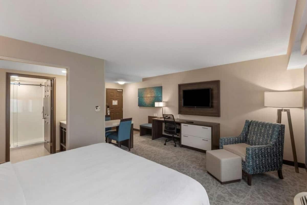 Una habitación de hotel con cama, escritorio, silla, televisión y un cuadro en la pared.