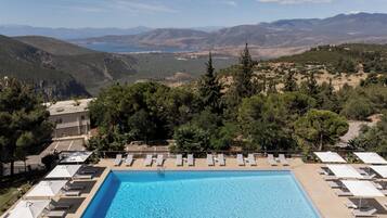 Seasonal outdoor pool, pool umbrellas, pool loungers