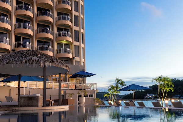 Outdoor pool, pool umbrellas, pool loungers