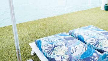 Outdoor pool, pool umbrellas, pool loungers