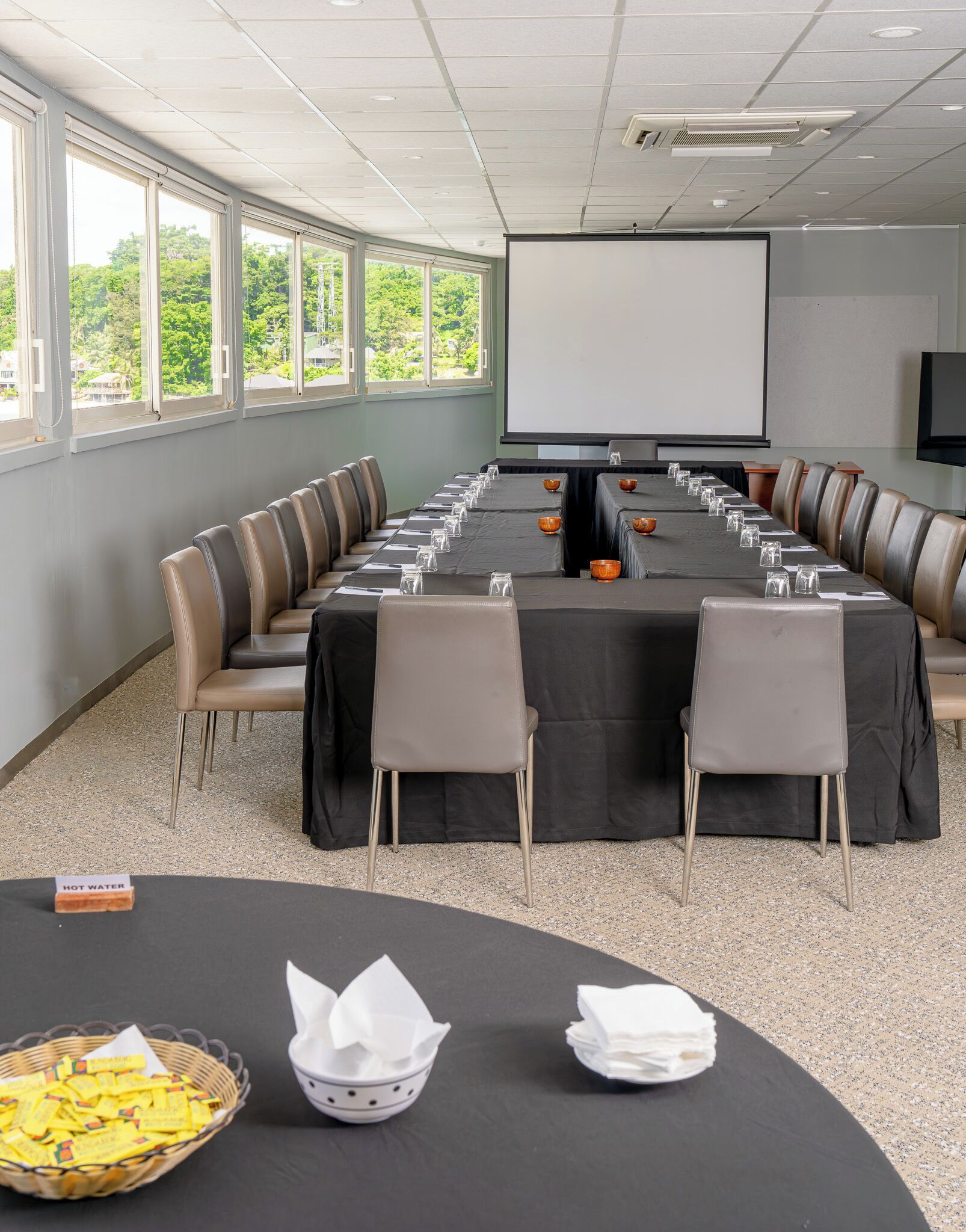 Un salón de conferencias con una larga mesa, sillas, una pantalla de proyector y un amplio ventanal con vistas a zonas verdes.
