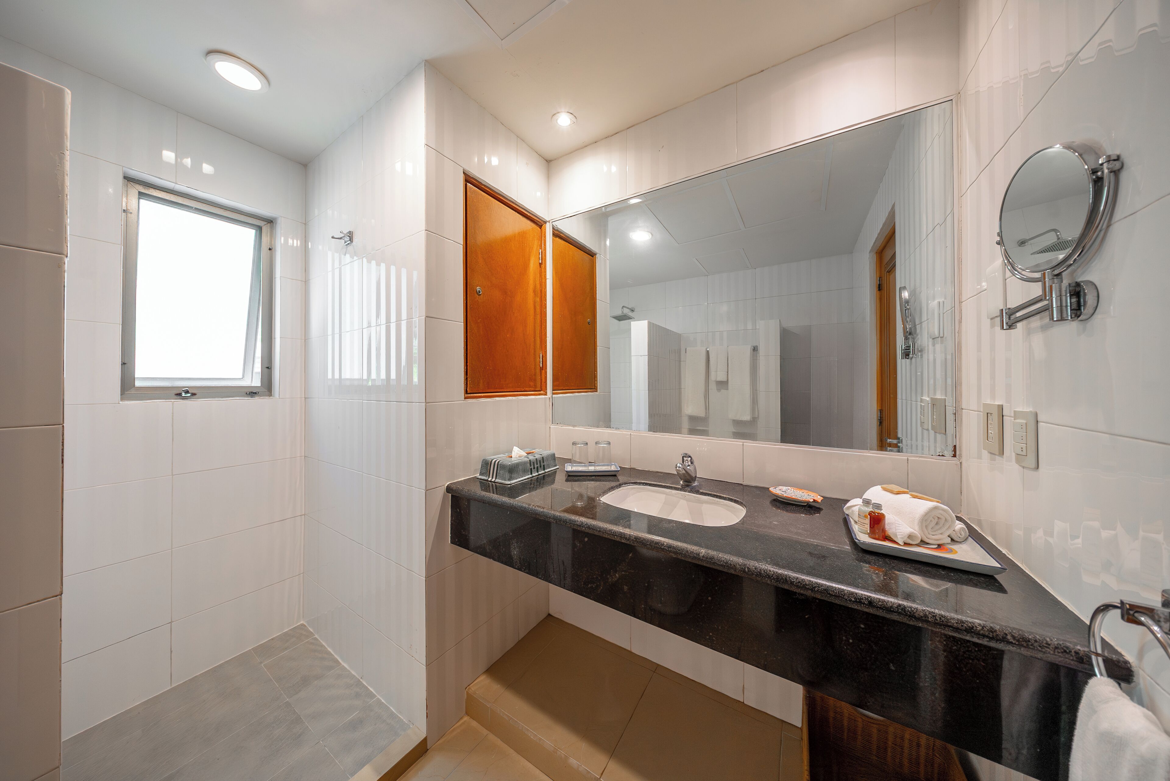Une salle de bain moderne avec un grand miroir, un lavabo et un espace douche.