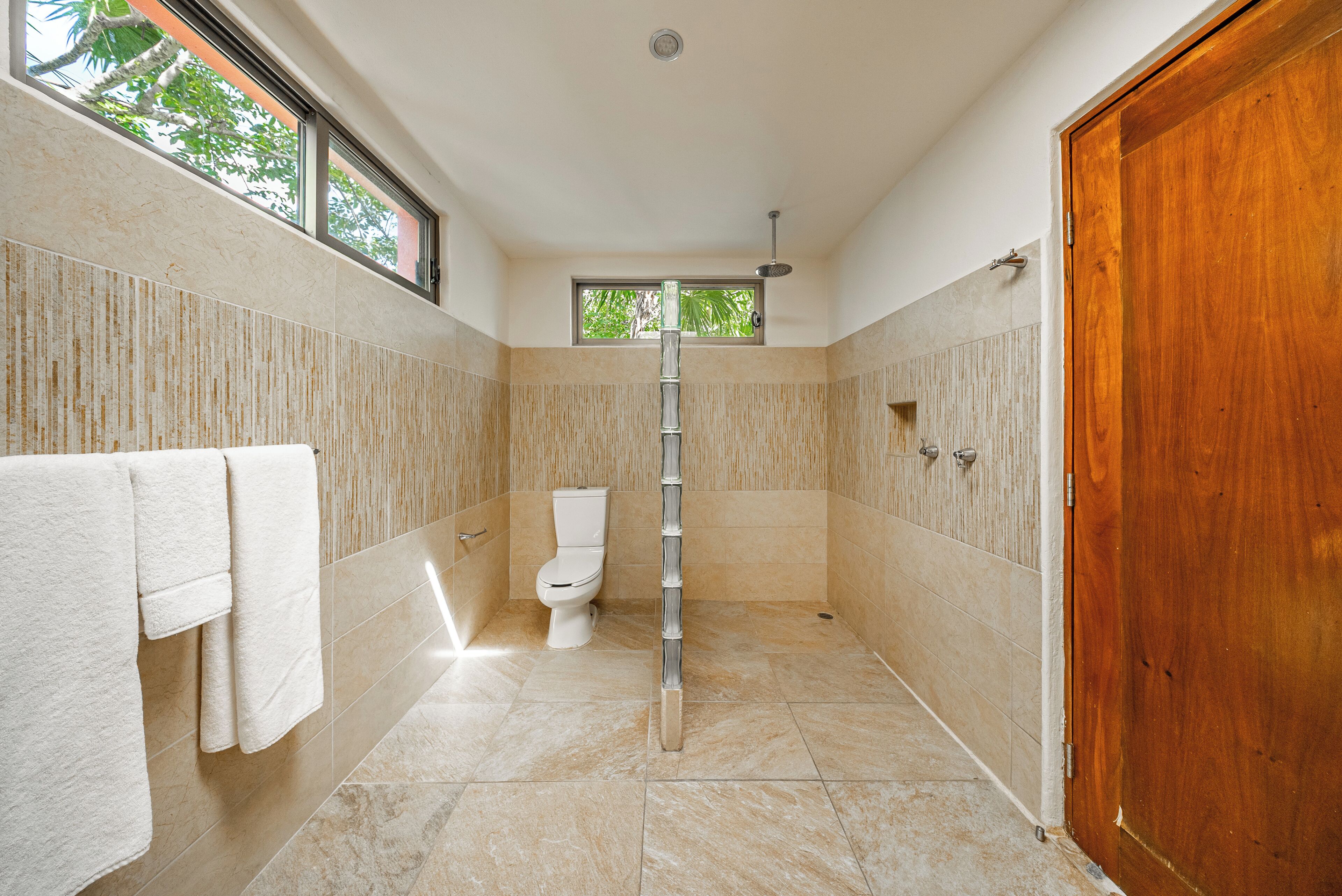 A modern bathroom with a toilet, a shower, and a wooden door.