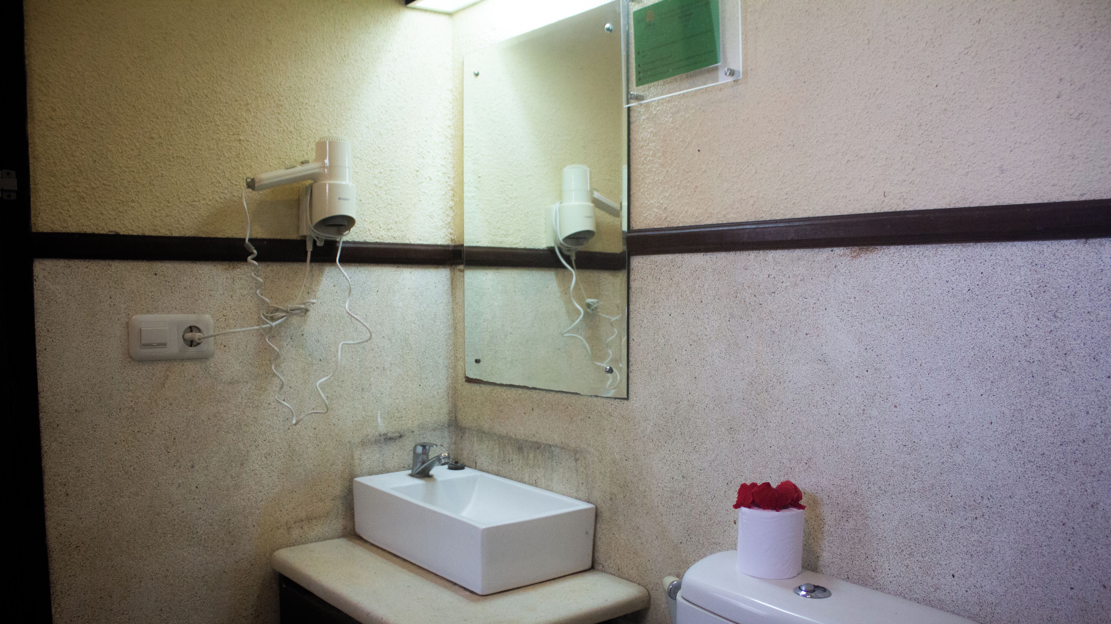A bathroom with a white sink, a mirror, and a toilet.