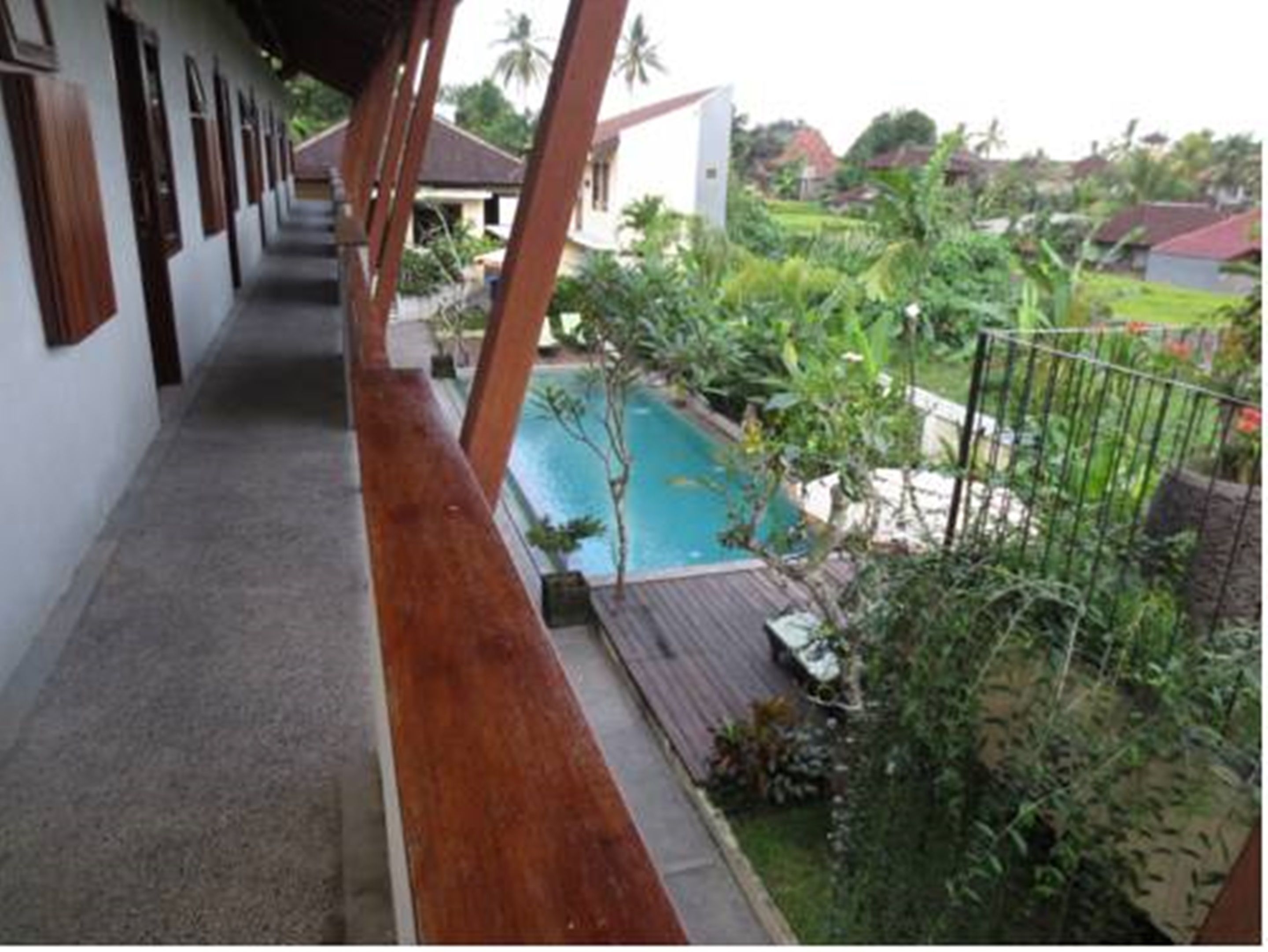 Uma área à beira da piscina com um deck de madeira, piscina e vegetação ao redor.