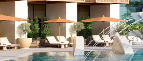 Outdoor pool, pool umbrellas, sun loungers