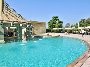 Outdoor pool, pool umbrellas, pool loungers