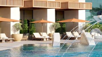 Outdoor pool, pool umbrellas, pool loungers