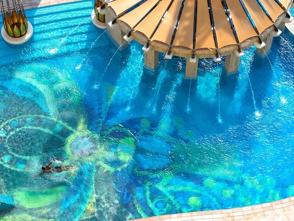Outdoor pool, pool umbrellas, pool loungers