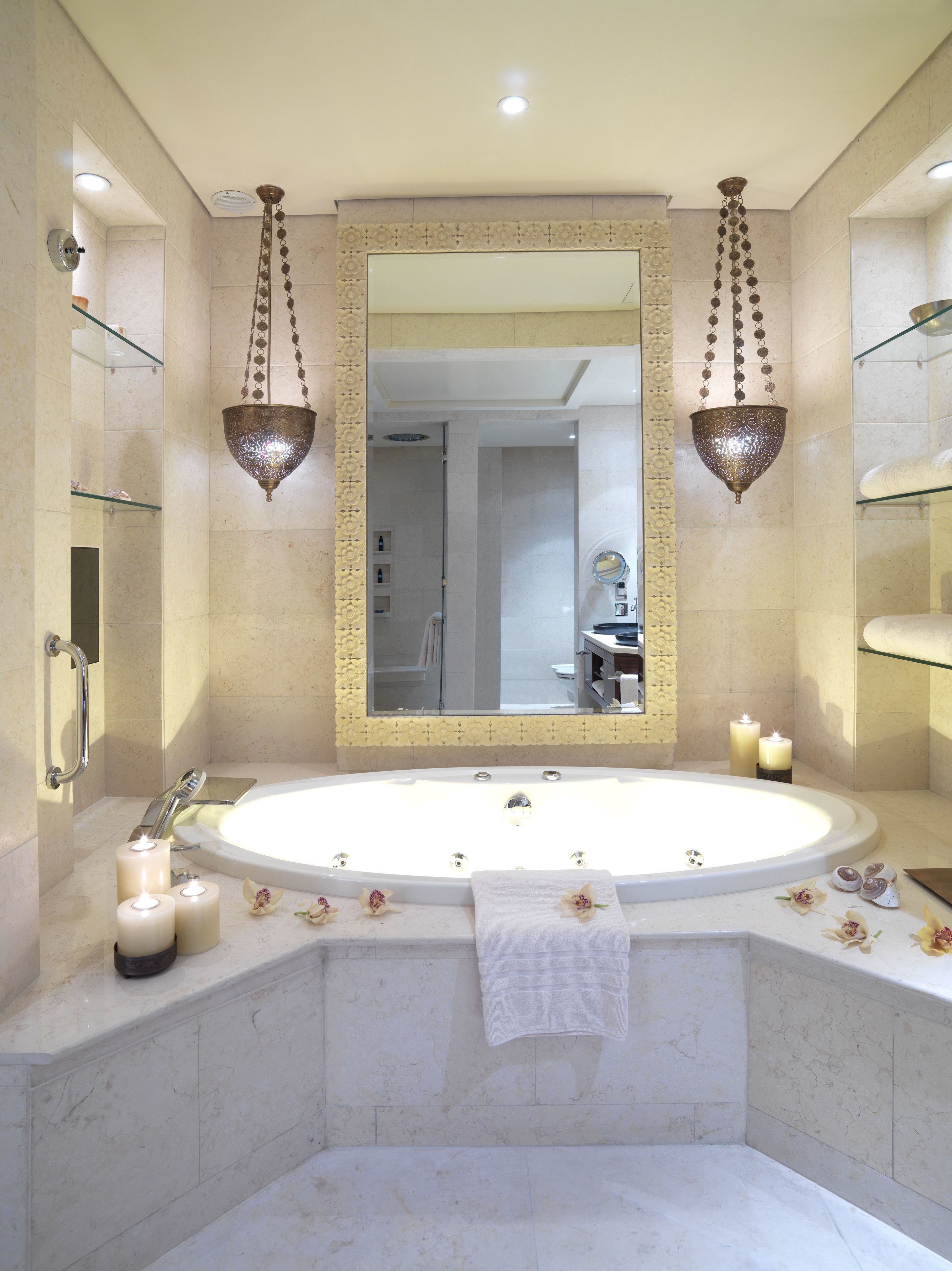 separate bathtub and shower, jetted bath, rainfall showerhead