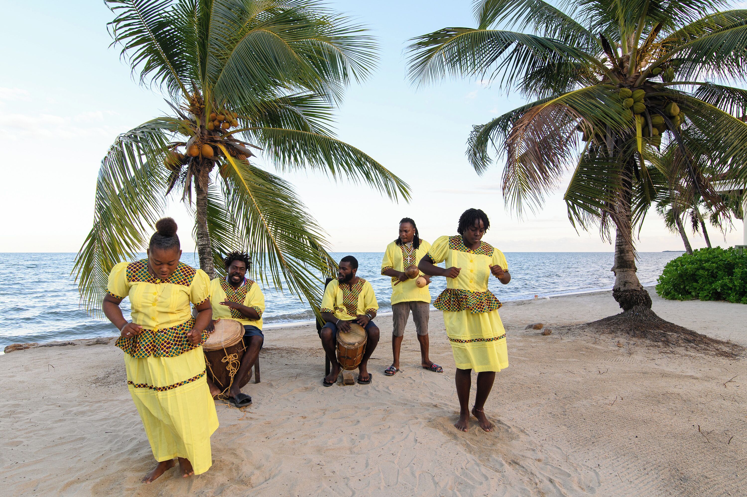 A group of people on a beach with palm trees and the ocean in the background.