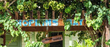 A wooden sign with "WASH HANDS" written on it, hanging under a wooden pergola with green leaves.