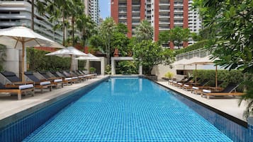 Outdoor pool, pool umbrellas, pool loungers