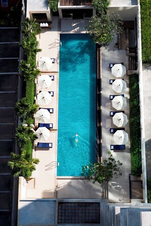 Vista aérea de una piscina rectangular con sillones y sombrillas a ambos lados, rodeada de vegetación.