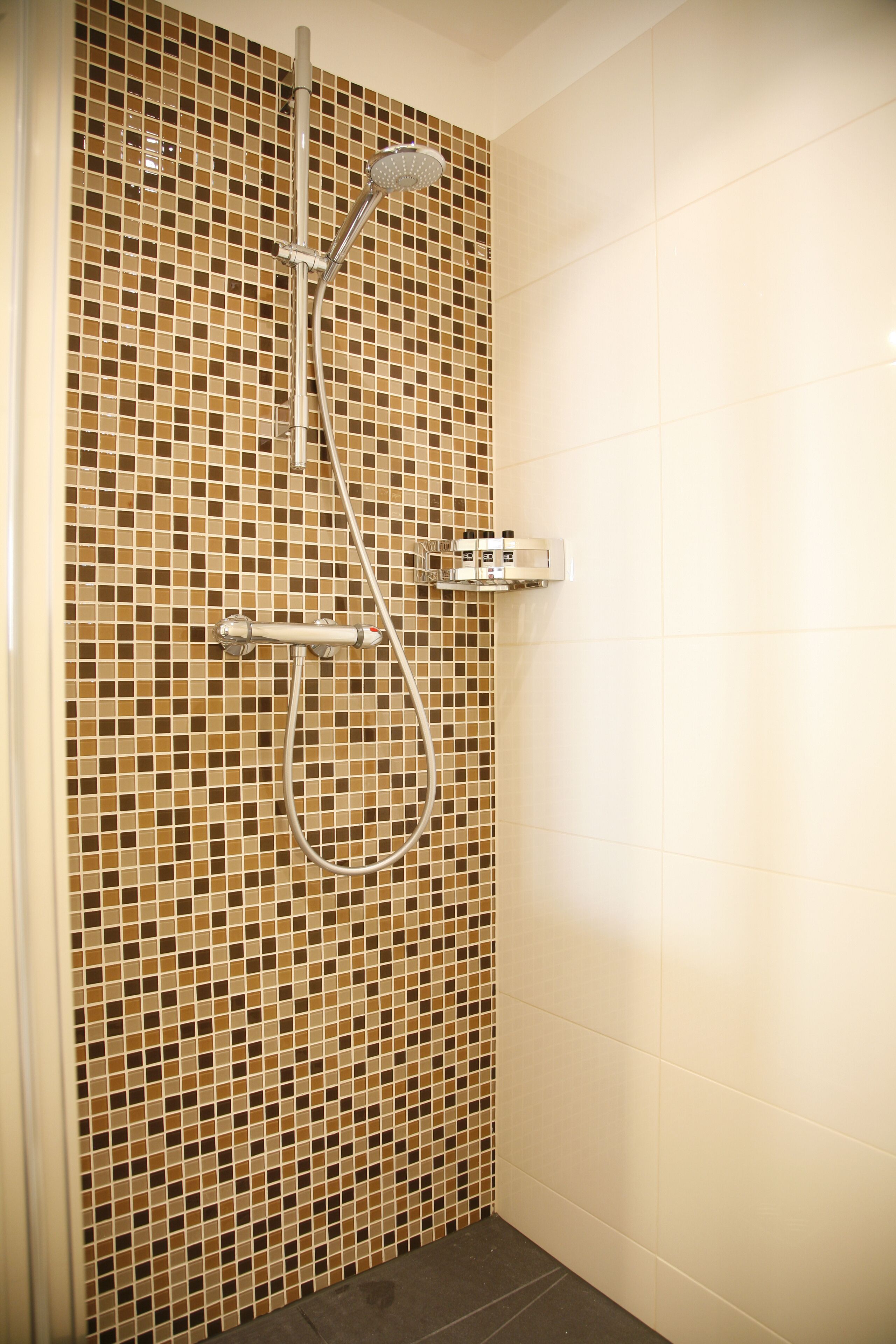 A shower area with a tiled wall, a handheld showerhead, and a wall-mounted control panel.