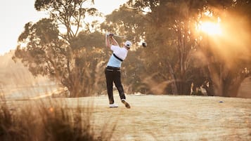 En person spiller golf på en bane med træer og en solnedgang i baggrunden.