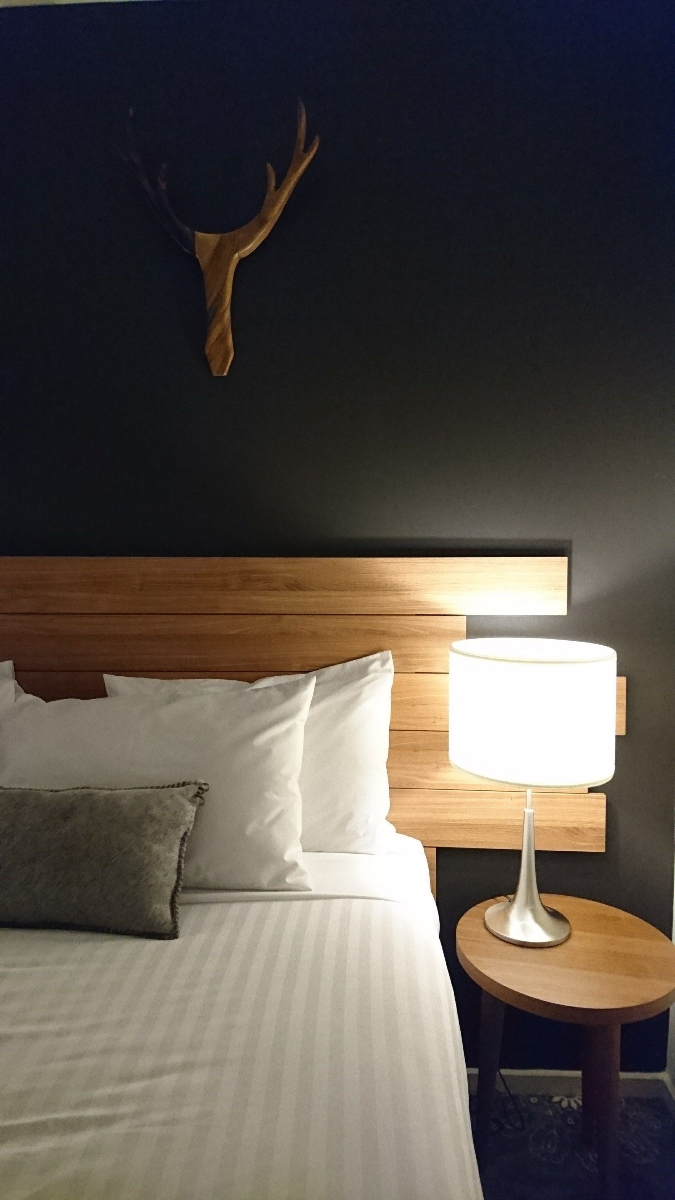 A hotel room with a bed, pillows, a lamp on a side table, and a mounted deer head on the wall.