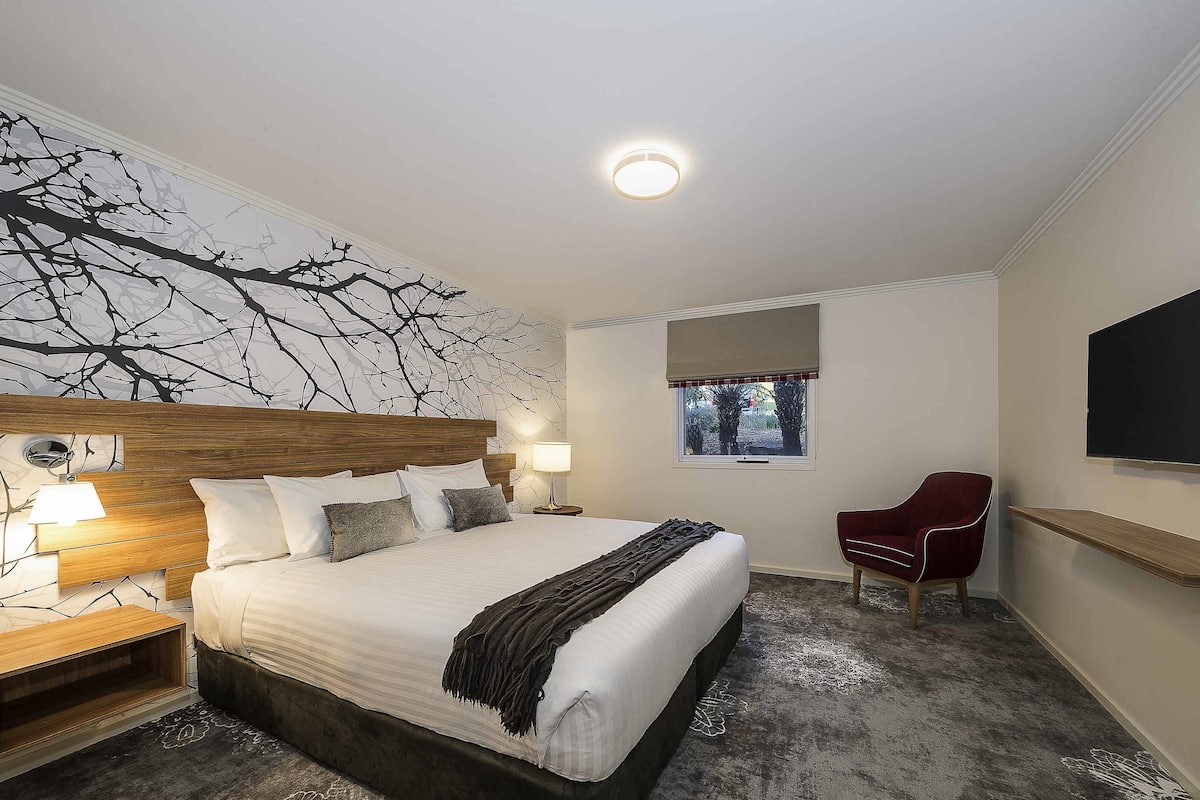 A bedroom with a bed, bedside tables, a lamp, a chair, a TV, and a window with a view.