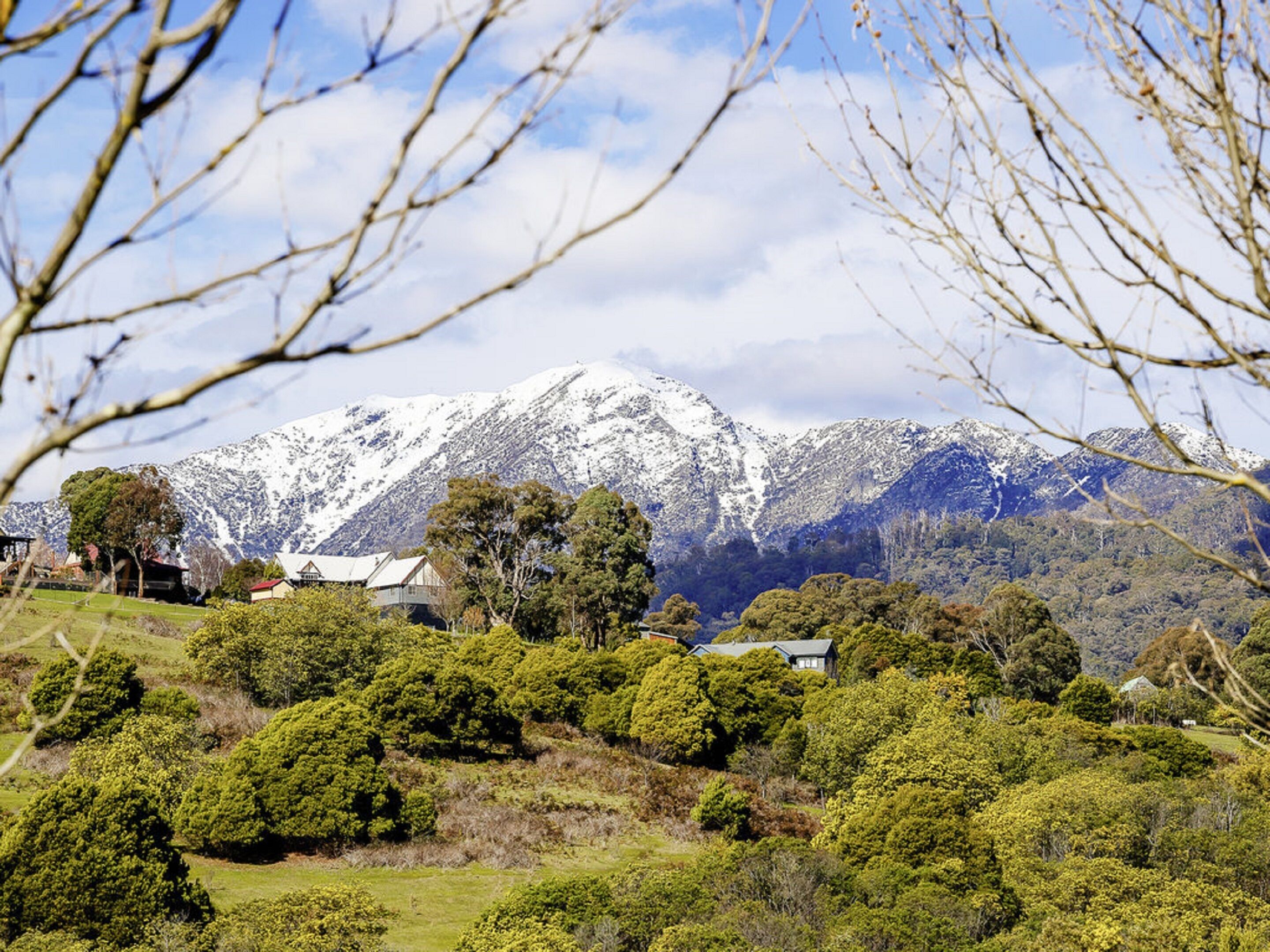 Un paisaje montañoso con picos nevados y un valle con árboles verdes y casas.