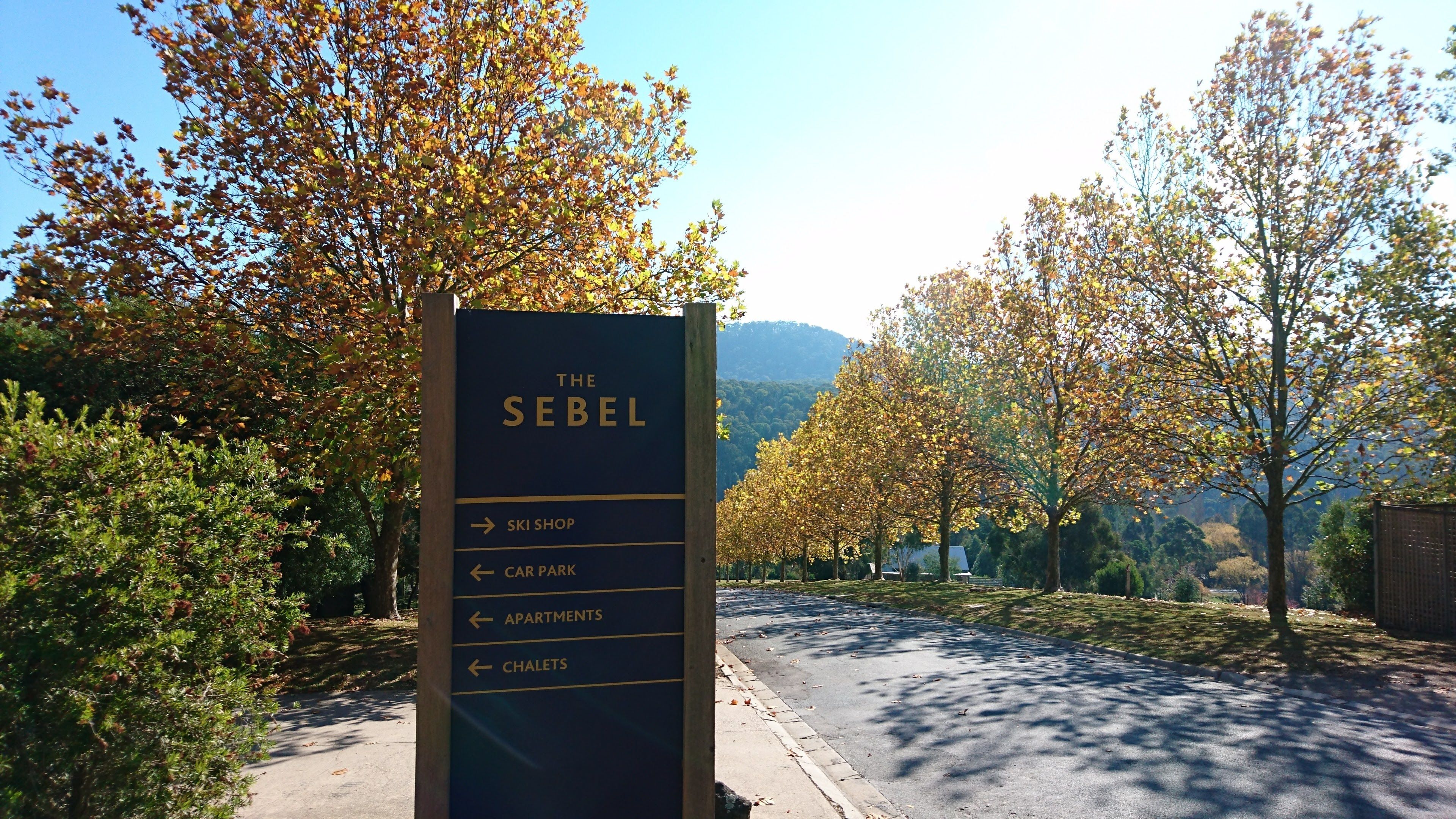 A directional sign for The Sebel with arrows pointing to the Ski Shop, Car Park, Apartments, and Chalets.