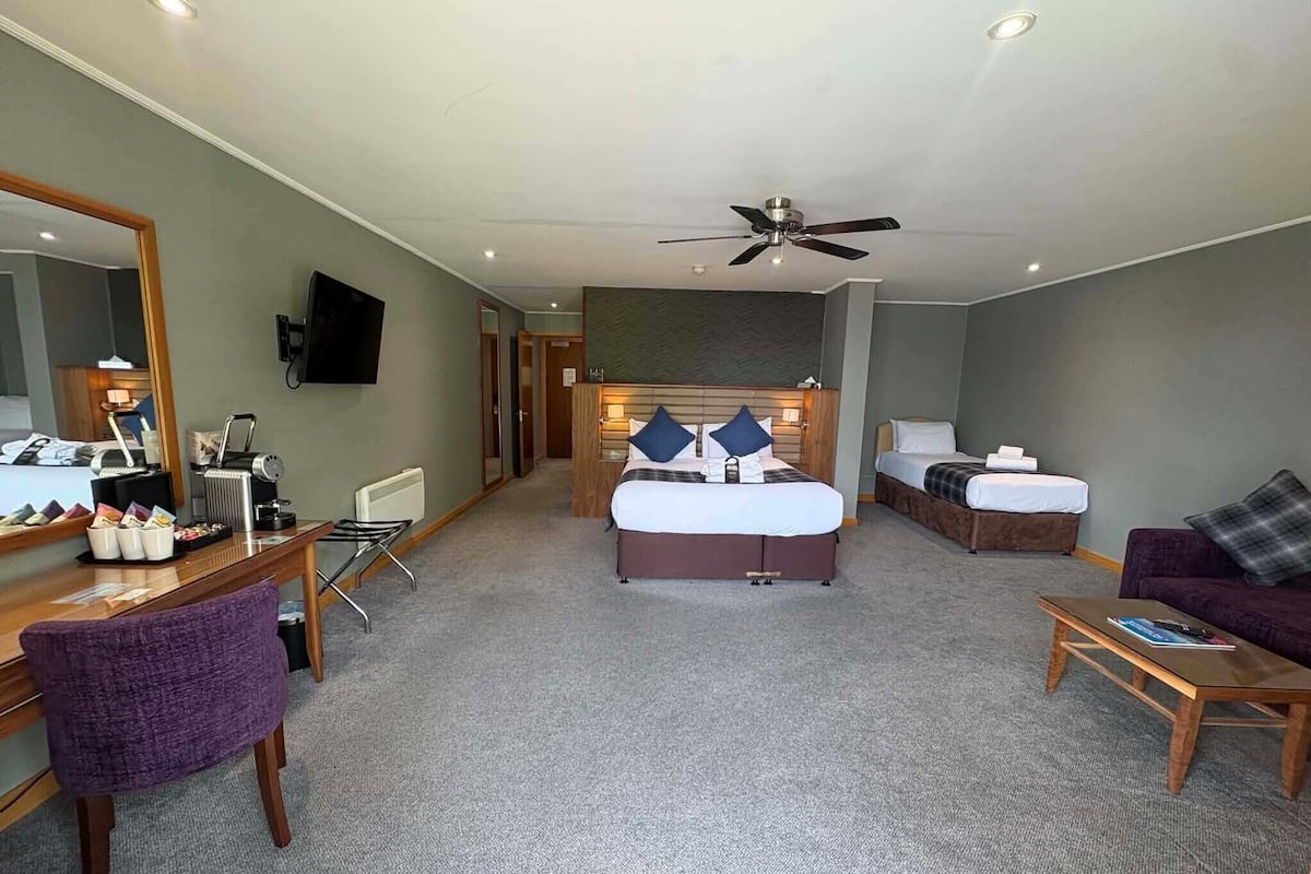 A hotel room with a bed, a desk, a chair, a sofa, a coffee table, a TV, and a ceiling fan.