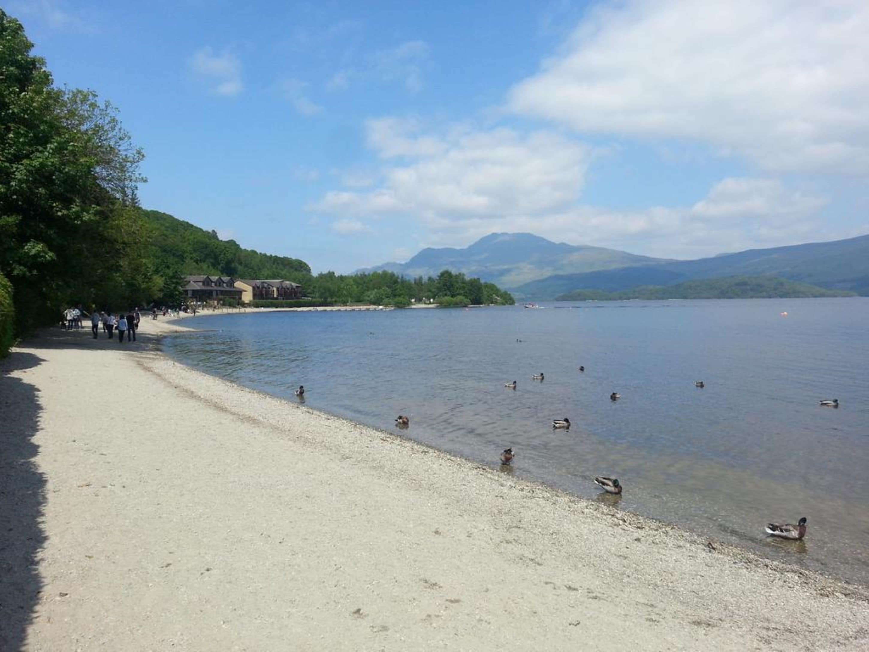 A lakeside beach with a row of buildings along the shore, clear skies, and mountains in the background.