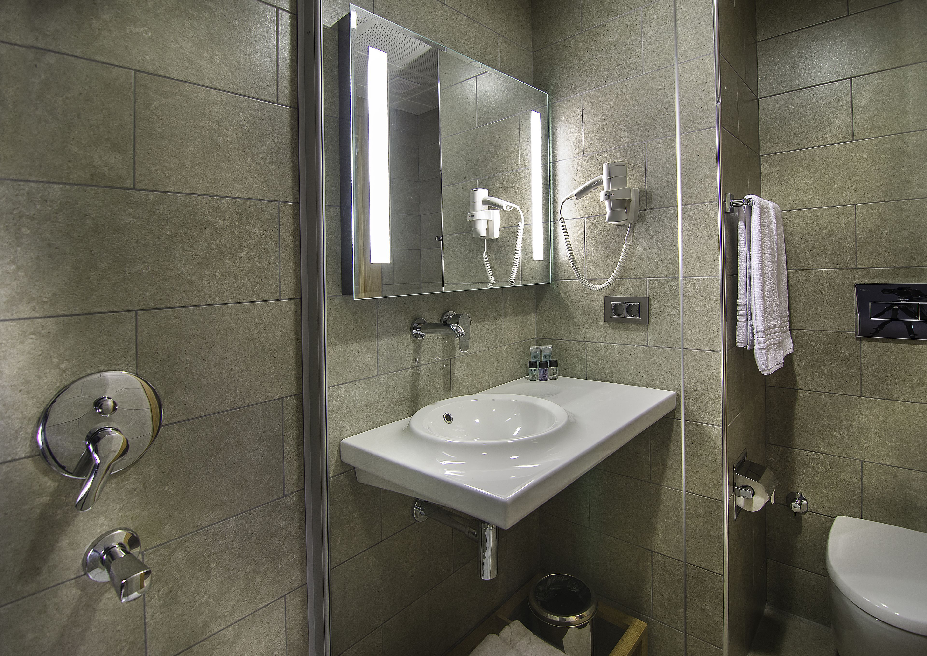 shower, rainfall showerhead, free toiletries, hair dryer