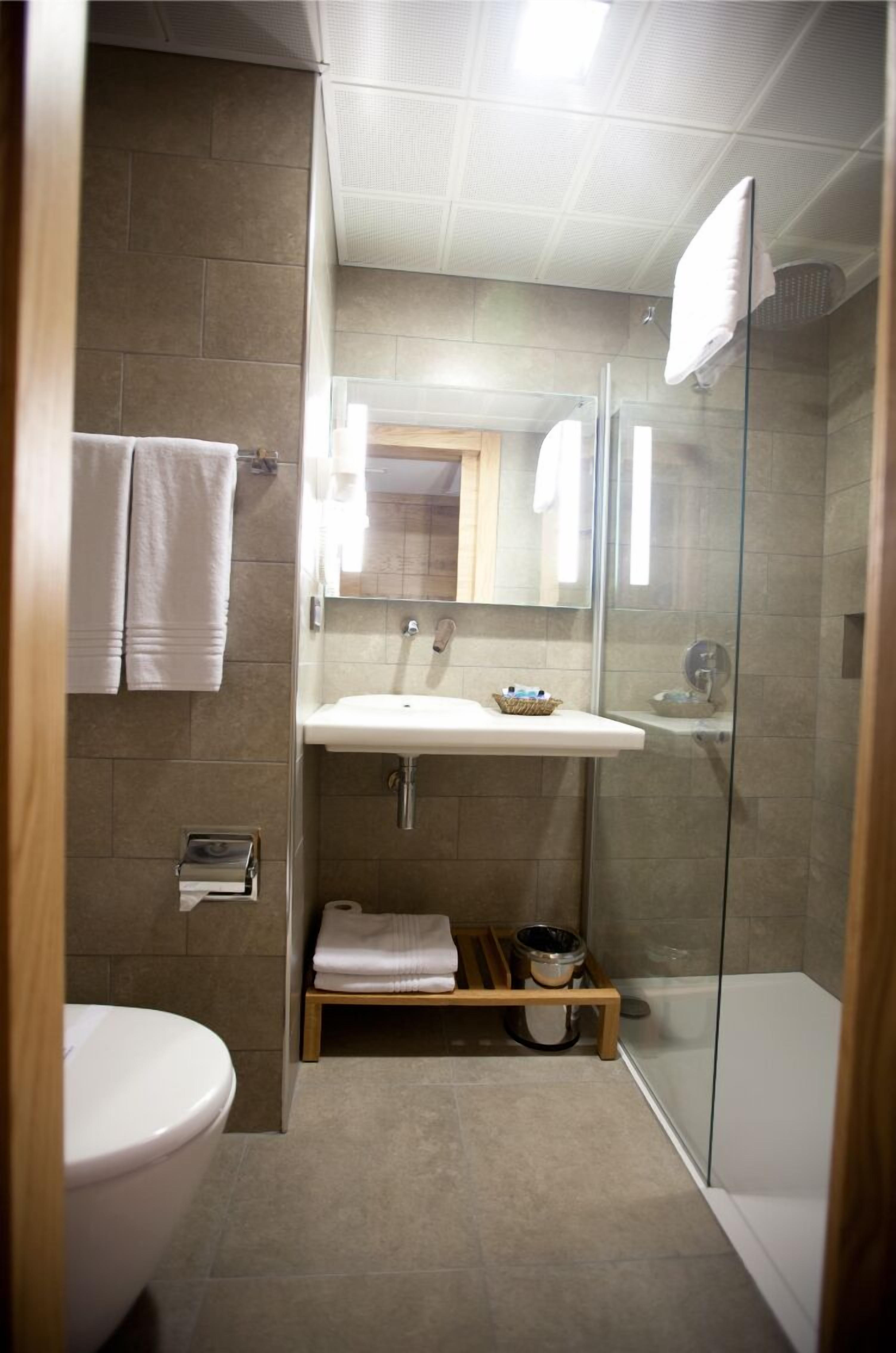 A modern bathroom with a glass shower enclosure, a white sink, and a toilet.