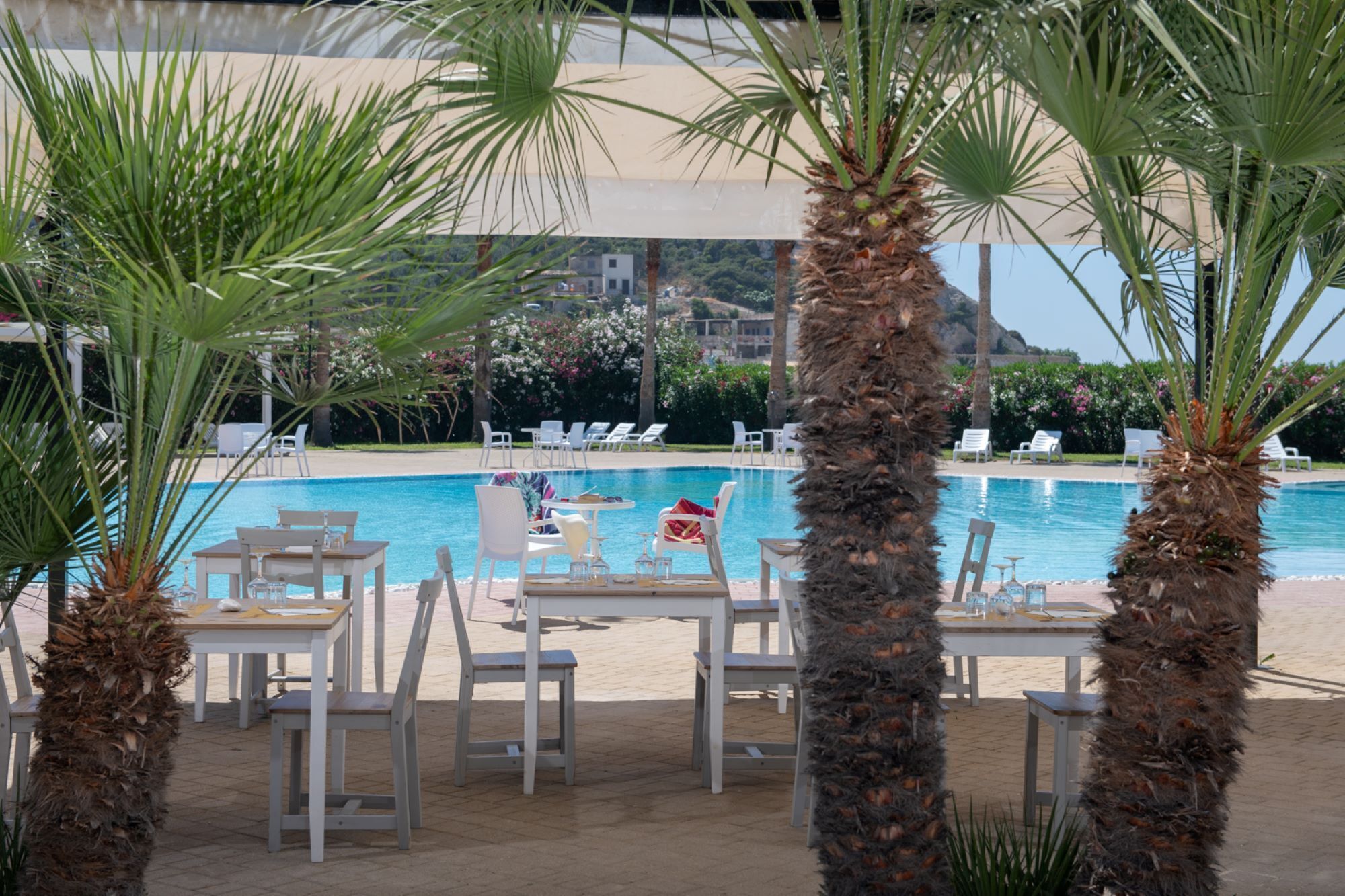 A poolside area with white lounge chairs and tables, surrounded by palm trees.