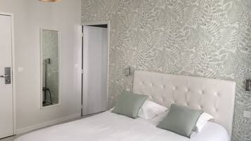 Une chambre avec un grand lit, un miroir et une porte.