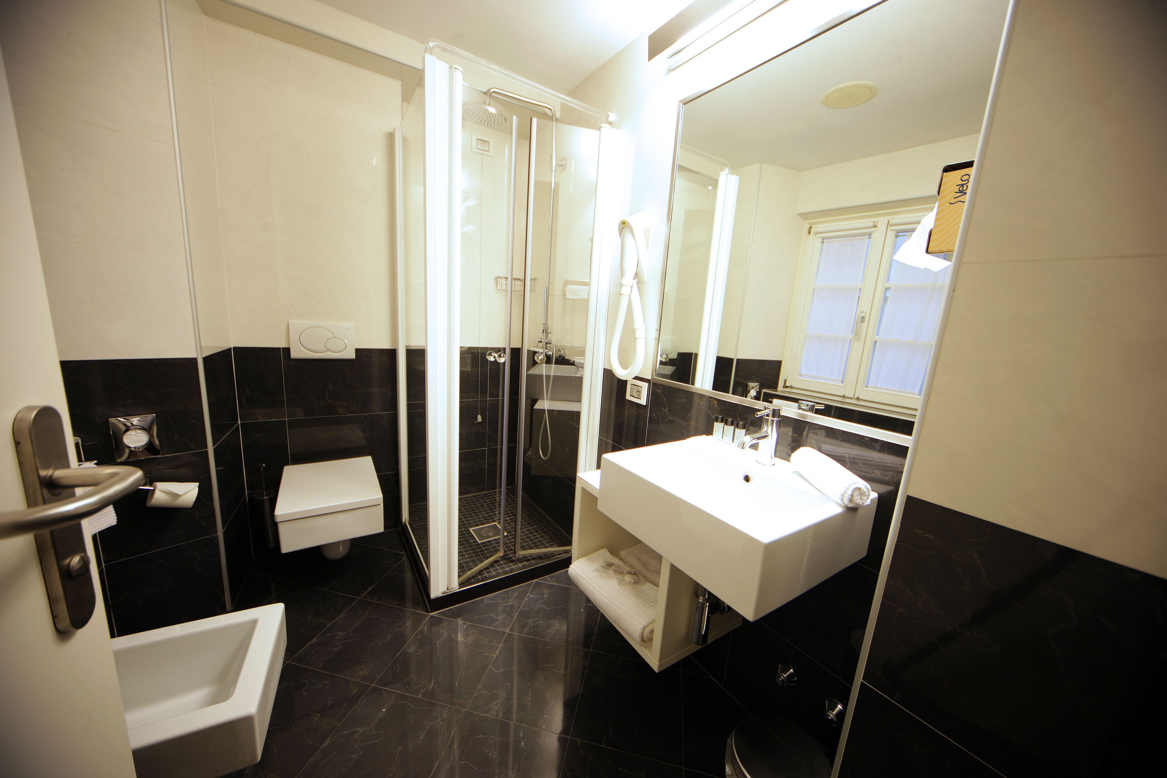 shower, rainfall showerhead, hair dryer, slippers