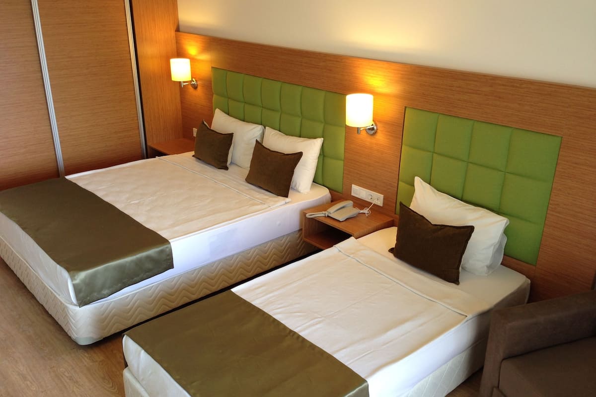 A hotel room with two beds, each with a green headboard, a bedside table with a phone, and a wall-mounted lamp.
