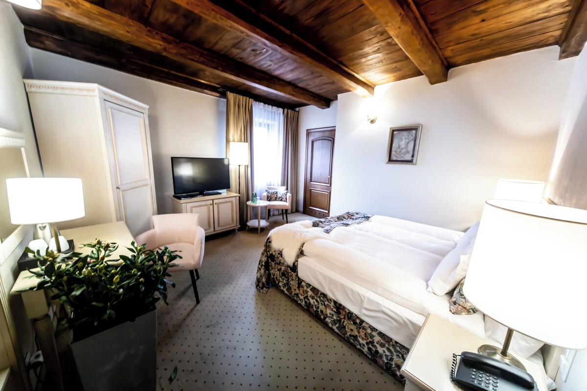A hotel room with a bed, a desk with a lamp, a television, a chair, and a plant.