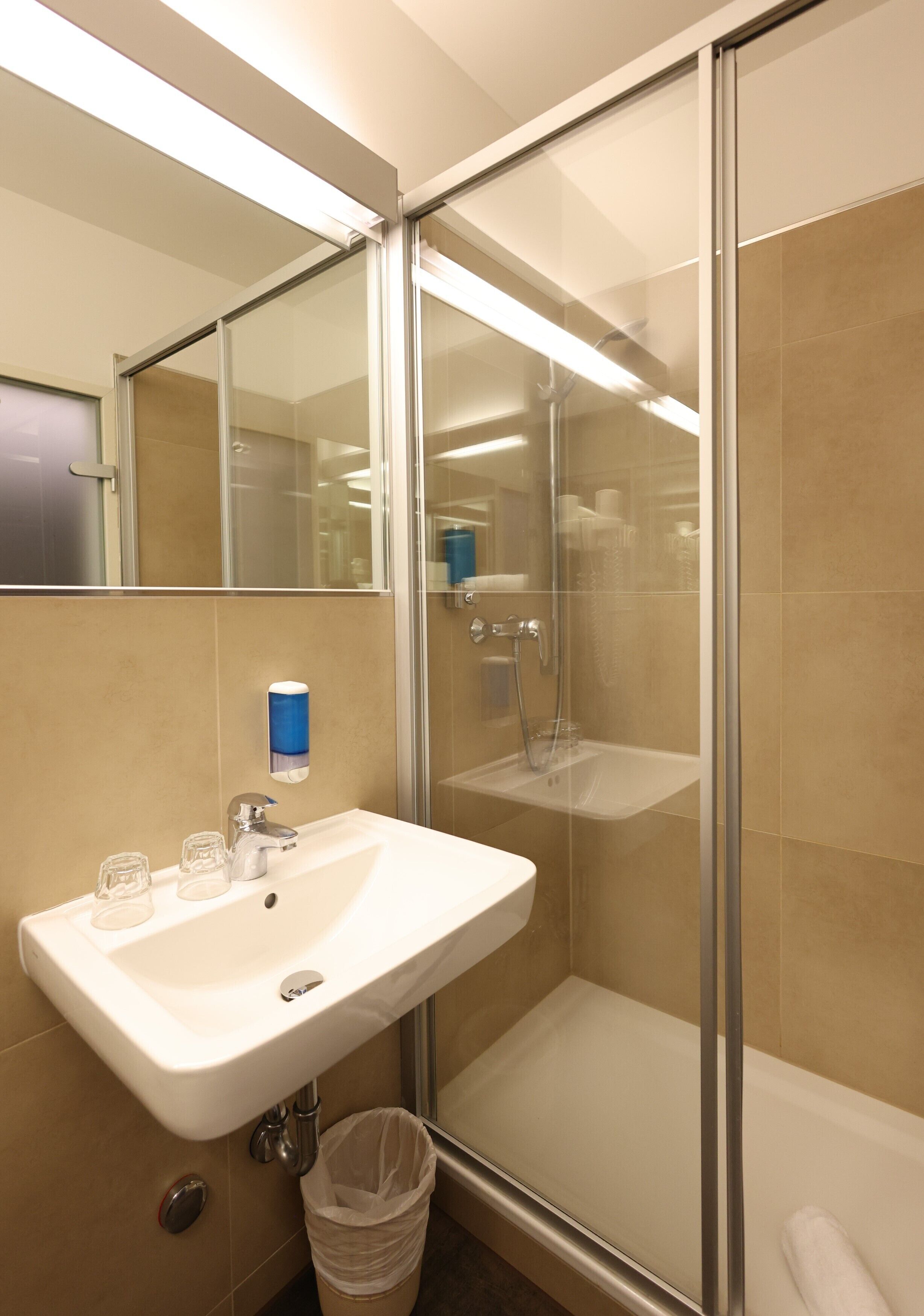 A modern bathroom with a glass shower enclosure, a white sink with a soap dispenser, and a trash bin.