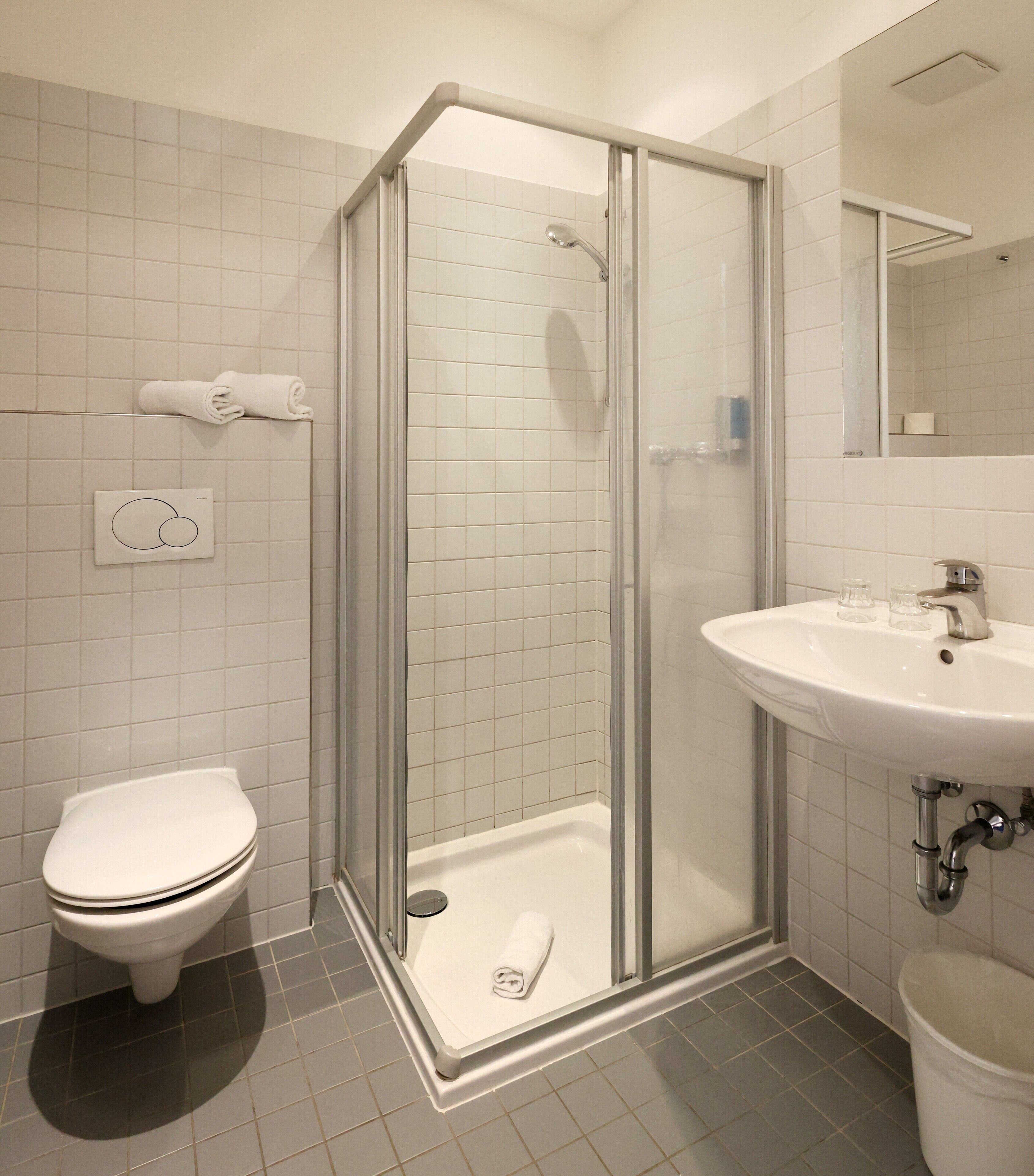 A modern bathroom with a glass-enclosed shower, a white toilet, and a sink with a mirror above it.